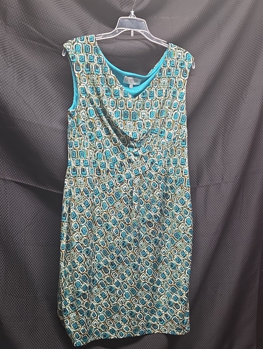 Kasper Teal and Black Patterned Ruched Bodice Dress
